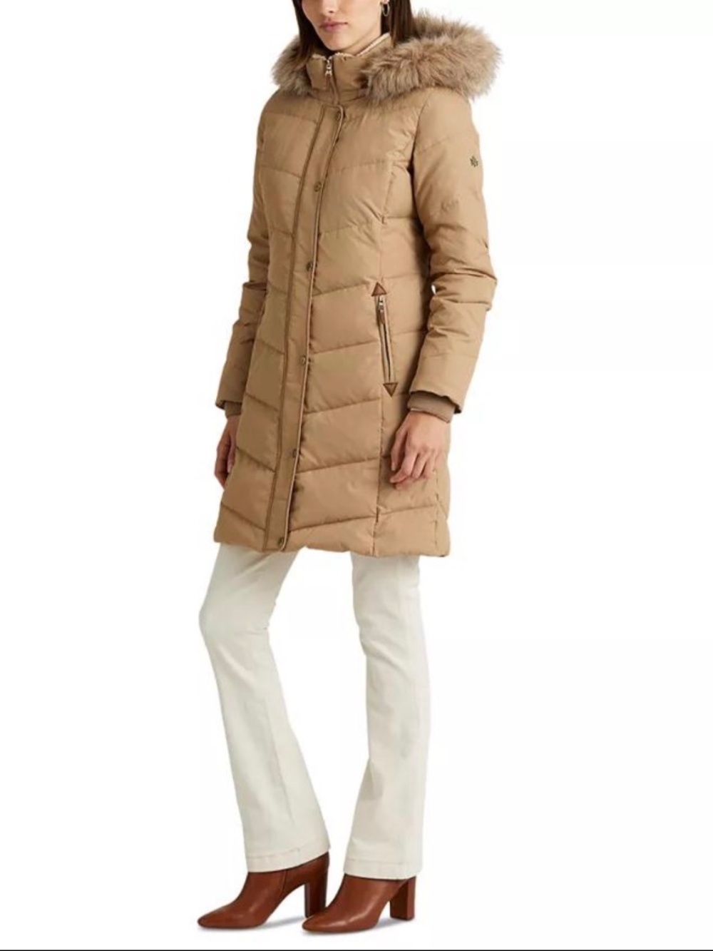 Lauren Ralph Lauren Down Puffer Coat Faux Fur Hood Cream Beige Women’s M